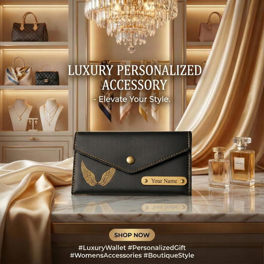 Women's 3 Fold Clutch Leather Wallet, Personalized Name Plate, Zipper Closure.