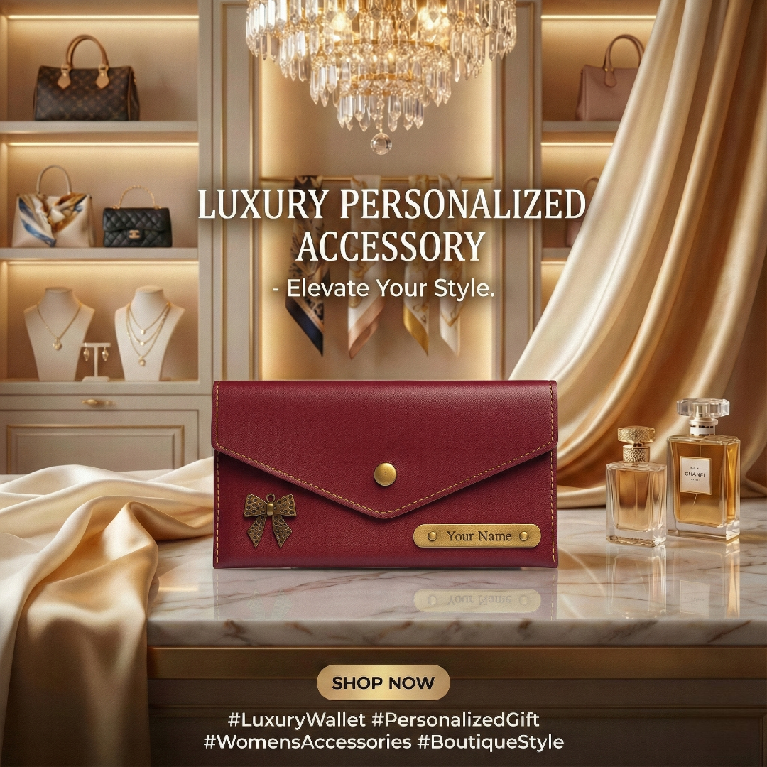 Women's 3 Fold Clutch Leather Wallet, Personalized Name Plate, Zipper Closure.