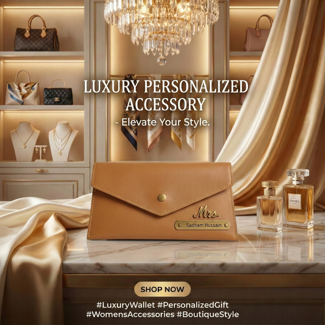 Women's 3 Fold Clutch Leather Wallet, Personalized Name Plate, Zipper Closure.