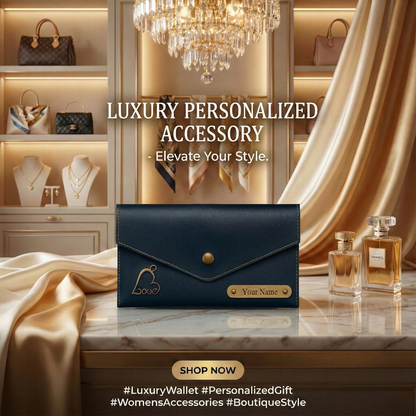 Women's 3 Fold Clutch Leather Wallet, Personalized Name Plate, Zipper Closure.