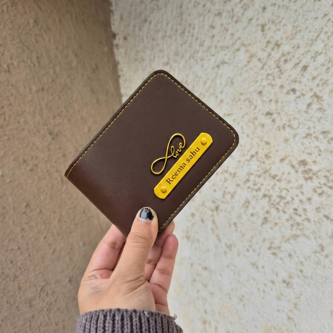 Personalized MK Leather Wallet with Gold Stitching, Card Holder with Name Plate, Bifold Design (Black)