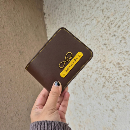 Personalized MK Leather Wallet with Gold Stitching, Card Holder with Name Plate, Bifold Design (Black)