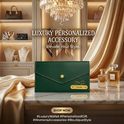 Women's 3 Fold Clutch Leather Wallet, Personalized Name Plate, Zipper Closure.