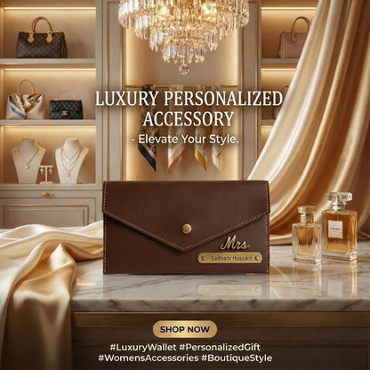 Women's 3 Fold Clutch Leather Wallet, Personalized Name Plate, Zipper Closure.