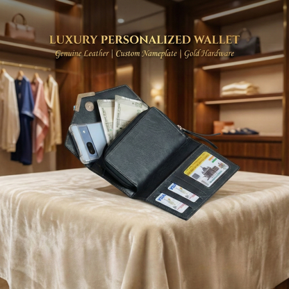 Women's 3 Fold Clutch Leather Wallet, Personalized Name Plate, Zipper Closure.