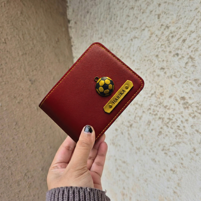 Personalized MK Leather Wallet with Gold Stitching, Card Holder with Name Plate, Bifold Design (Black)