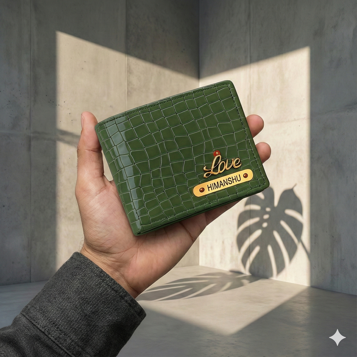 Personalized Croco Leather Wallet, Crocodile Pattern, Gold Name Plate, Luxury Men's Bifold