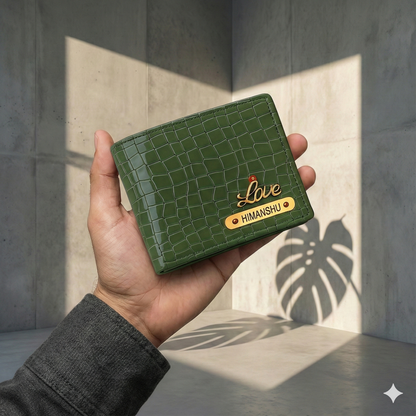 Personalized Croco Leather Wallet, Crocodile Pattern, Gold Name Plate, Luxury Men's Bifold
