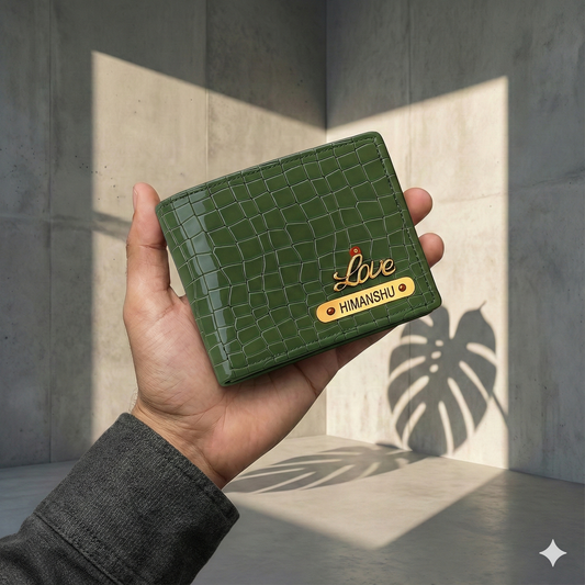 Personalized Croco Leather Wallet, Crocodile Pattern, Gold Name Plate, Luxury Men's Bifold