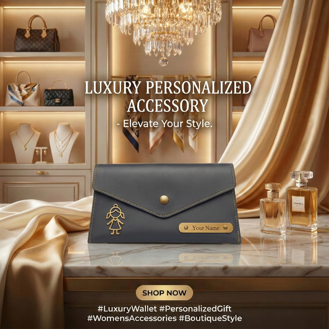 Women's 3 Fold Clutch Leather Wallet, Personalized Name Plate, Zipper Closure.