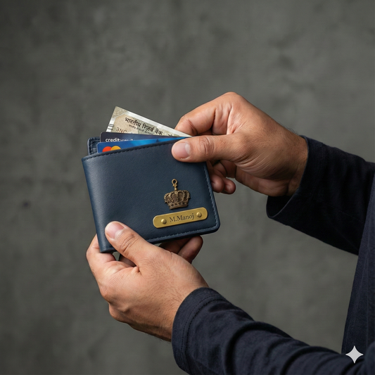 Personalised Imported Leather Wallet with Gold Charm, Nameplate, Multiple Card Slots.