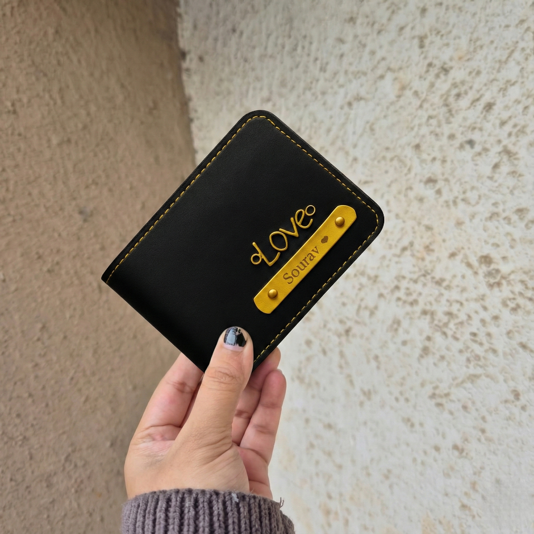 Personalized MK Leather Wallet with Gold Stitching, Card Holder with Name Plate, Bifold Design (Black)