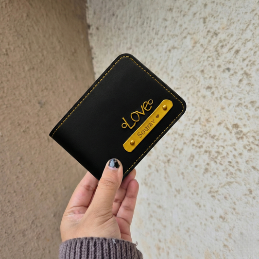 Personalized MK Leather Wallet with Gold Stitching, Card Holder with Name Plate, Bifold Design (Black)