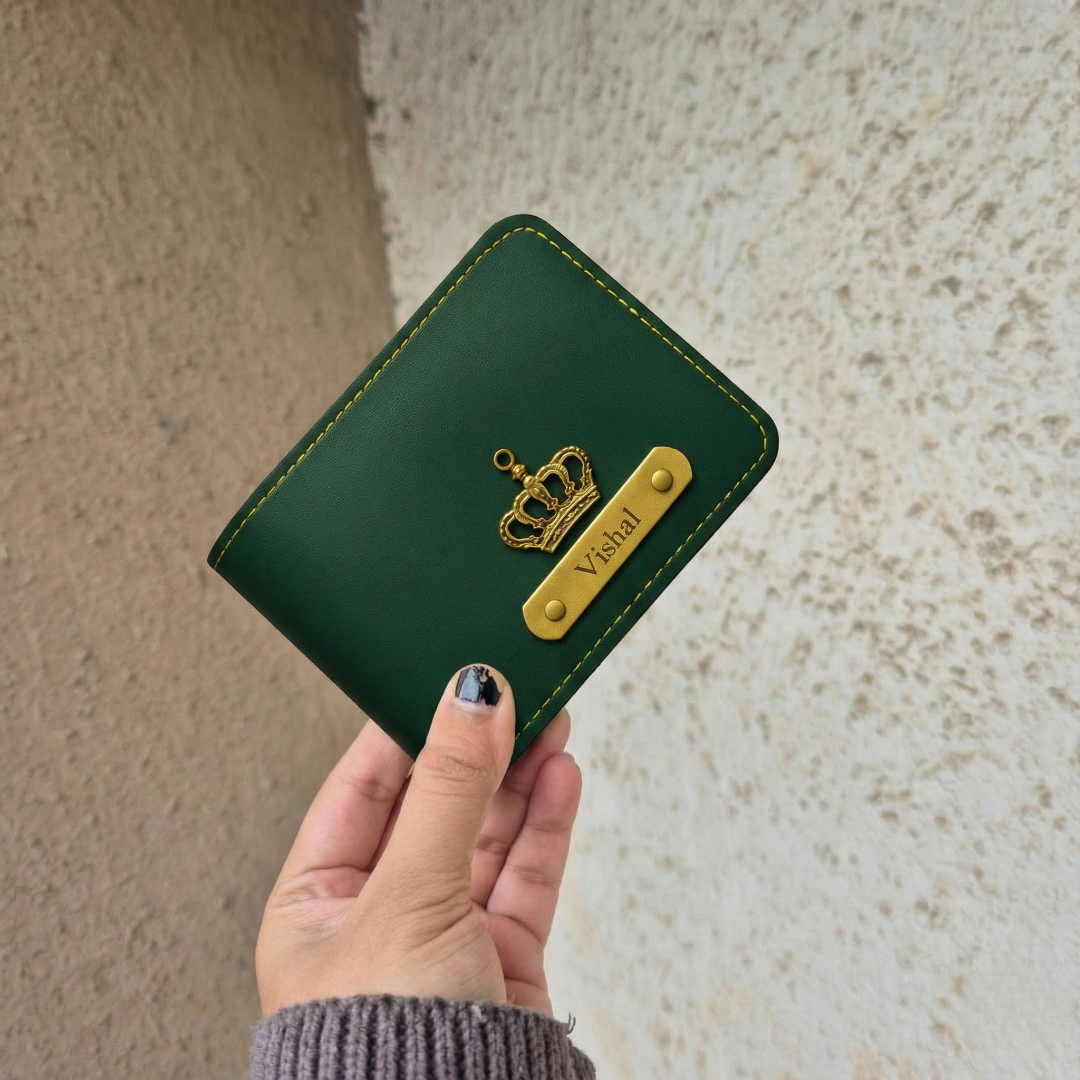 Personalized MK Leather Wallet with Gold Stitching, Card Holder with Name Plate, Bifold Design (Black)