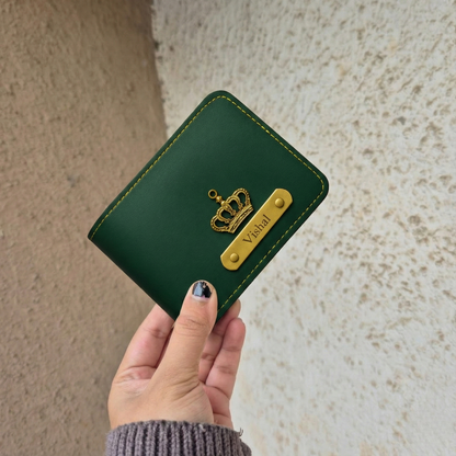 Personalized MK Leather Wallet with Gold Stitching, Card Holder with Name Plate, Bifold Design (Black)