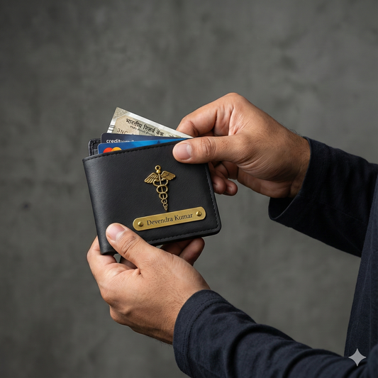 Personalised Imported Leather Wallet with Gold Charm, Nameplate, Multiple Card Slots.