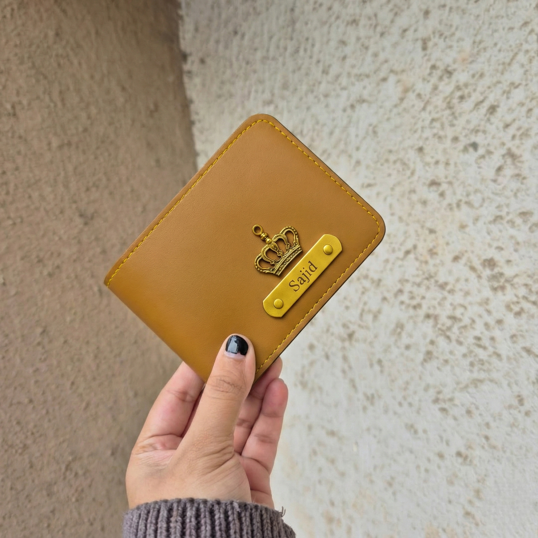 Personalized MK Leather Wallet with Gold Stitching, Card Holder with Name Plate, Bifold Design (Black)