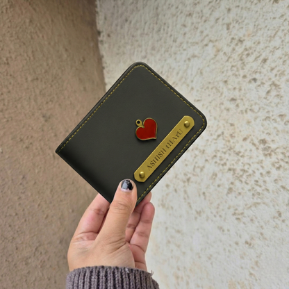 Personalized MK Leather Wallet with Gold Stitching, Card Holder with Name Plate, Bifold Design (Black)