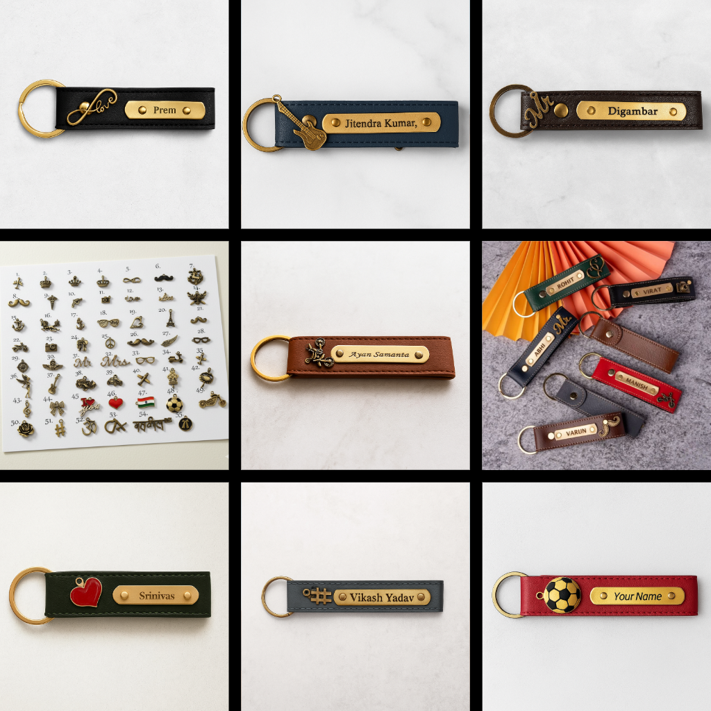 Personalized Imported Leather Keychain with Gold Love Text and Name Plate, Premium Metal Ring, Custom Engraved