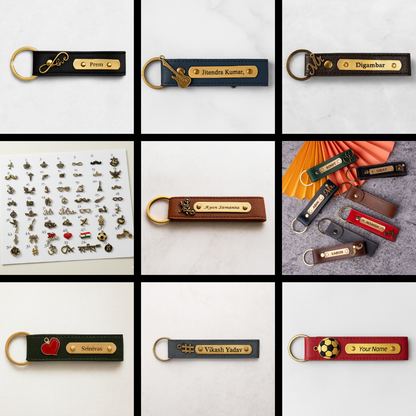 Personalized Imported Leather Keychain with Gold Love Text and Name Plate, Premium Metal Ring, Custom Engraved