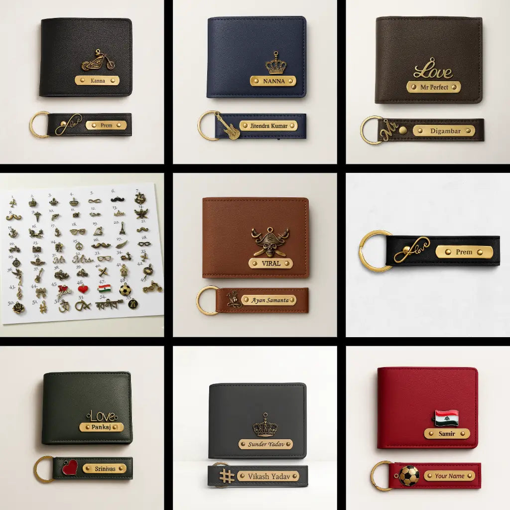 Personalized Leather Imported Wallet and Imported Keychain Set, Black and Brown, Gold Embellishments, Custom Name Engraving Celedhub