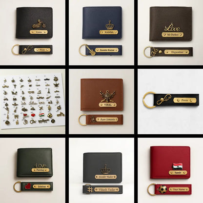 Personalized Leather Imported Wallet and Imported Keychain Set, Black and Brown, Gold Embellishments, Custom Name Engraving Celedhub