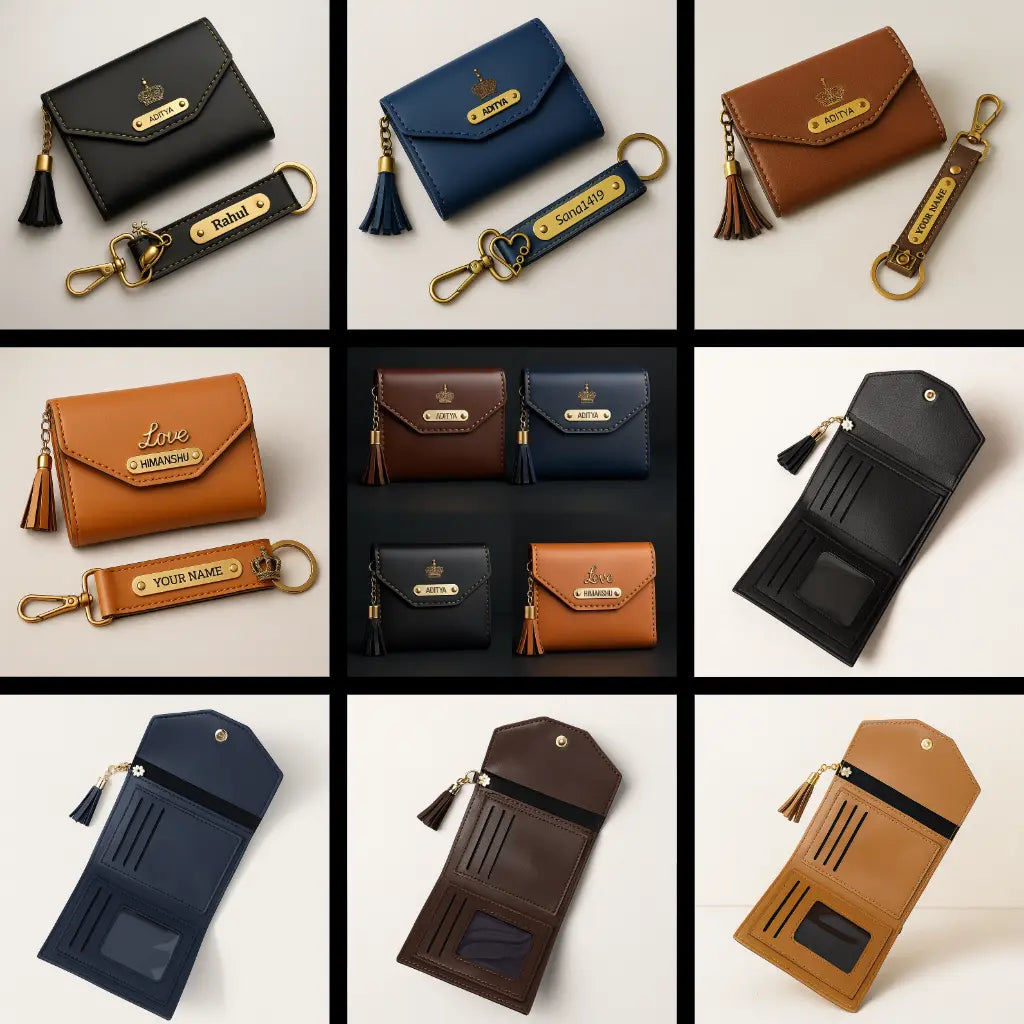 Personalized Leather Wallet with Gold Accents, Tassel Charm, Customizable Name Plate, Card Holder Celedhub