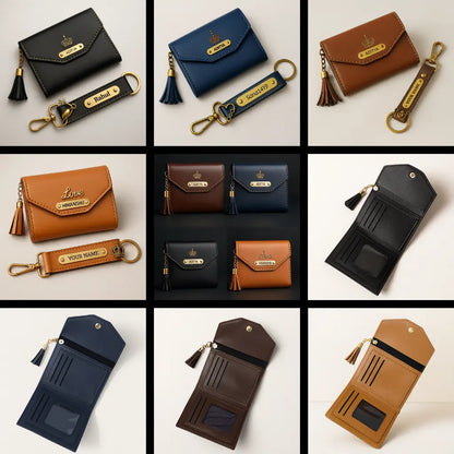 Personalized Leather Wallet with Gold Accents, Tassel Charm, Customizable Name Plate, Card Holder Celedhub