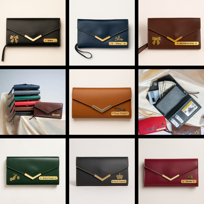 Women's 3 Fold Clutch Leather Wallet, Personalized Name Plate, Zipper Closure.
