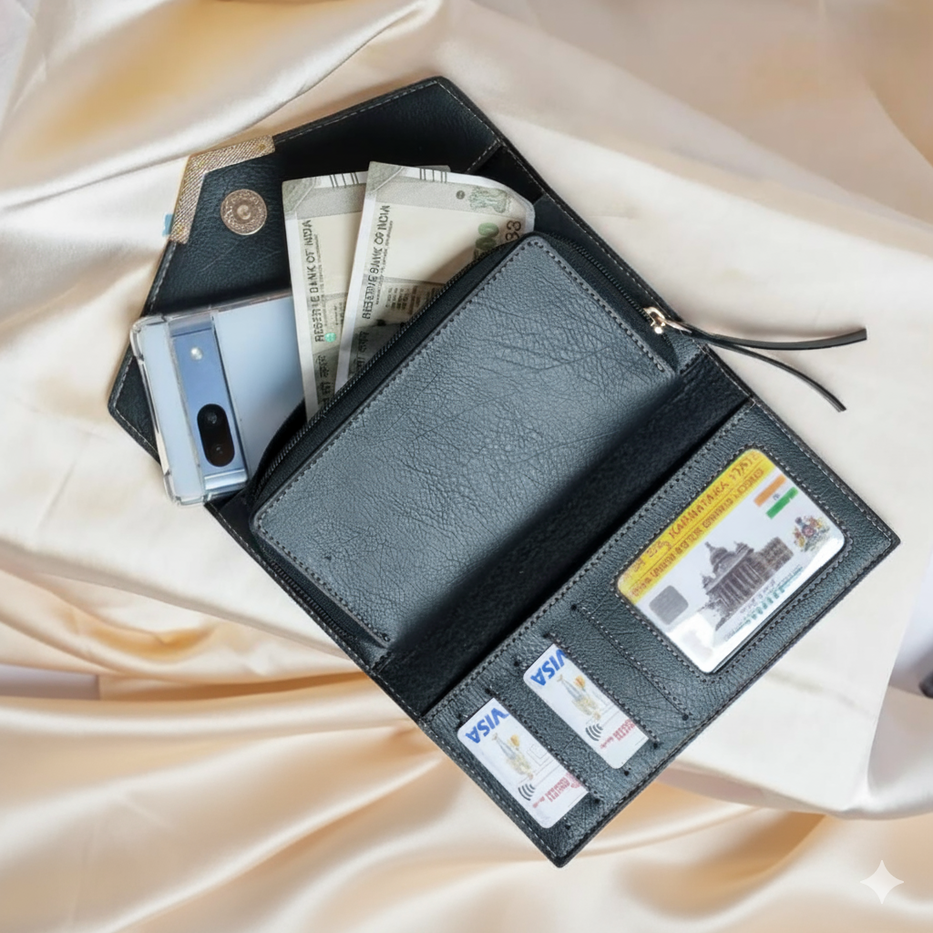 Women's 3 Fold Clutch Leather Wallet, Personalized Name Plate, Zipper Closure.