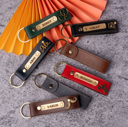 Personalized Imported Leather Keychain with Gold Love Text and Name Plate, Premium Metal Ring, Custom Engraved