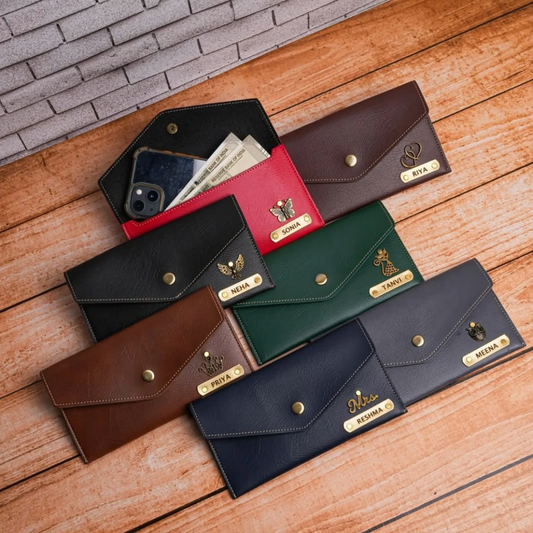 Personalized Mini Clutch with Golden Charm Design, Custom Name Plate, Envelope Style Card Holder with Snap Button Closure, Yellow Stitching