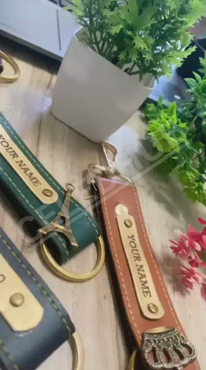 Personalized Imported Leather Keychain with Gold Love Text and Name Plate, Premium Metal Ring, Custom Engraved