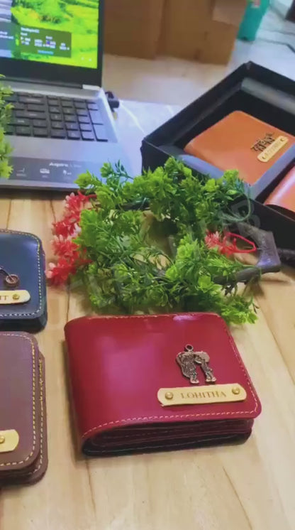 Personalized MK Leather Wallet with Gold Stitching, Card Holder with Name Plate, Bifold Design (Black)